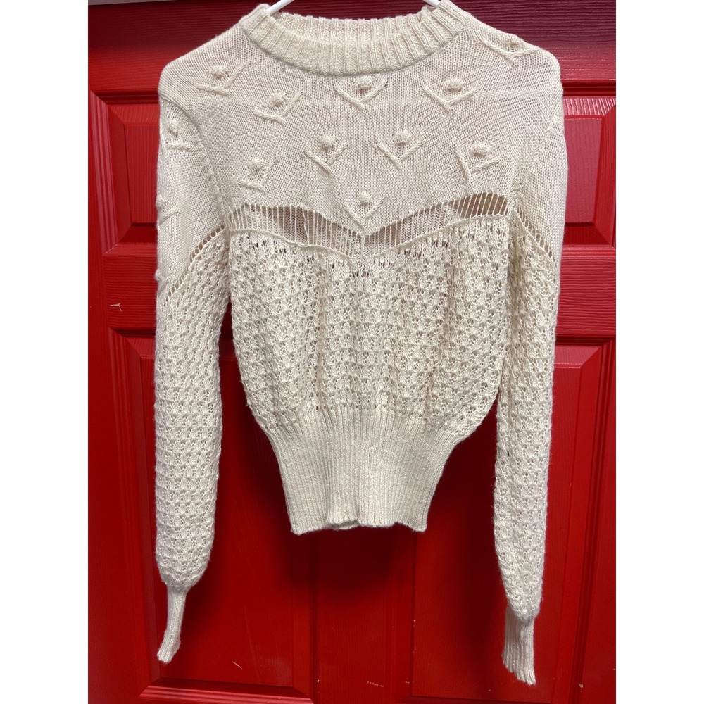 Cream Pointelle Knit Bobble Sweater Long Sleeve Crochet Open Weave Top Small